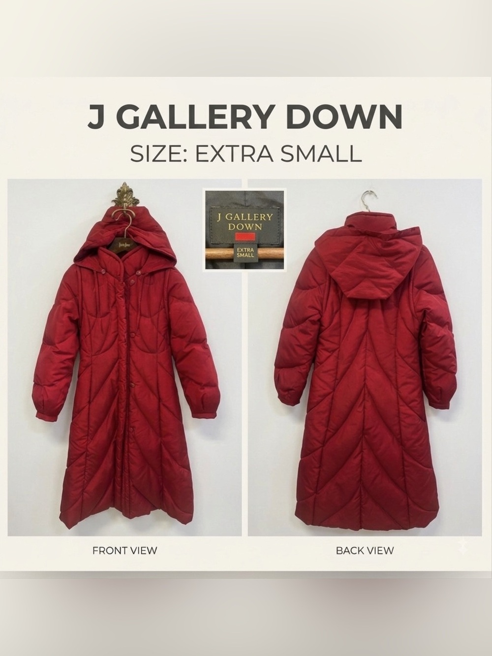 Vintage J Gallery Down Maxi Puffer Coat Red Hooded Full Zip Button Closure Sz XS